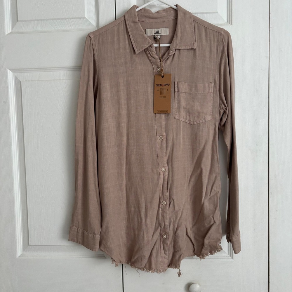 Thread‎ & Supply Button Down Women Small Sandstone New Linen Blend Frayed Hem